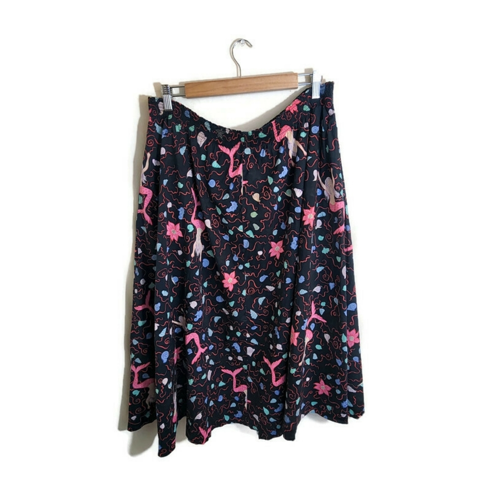 JANET RUSSO Vintage Black & Colorful Fantasy Mermaid Shell Midi Pocket Skirt L